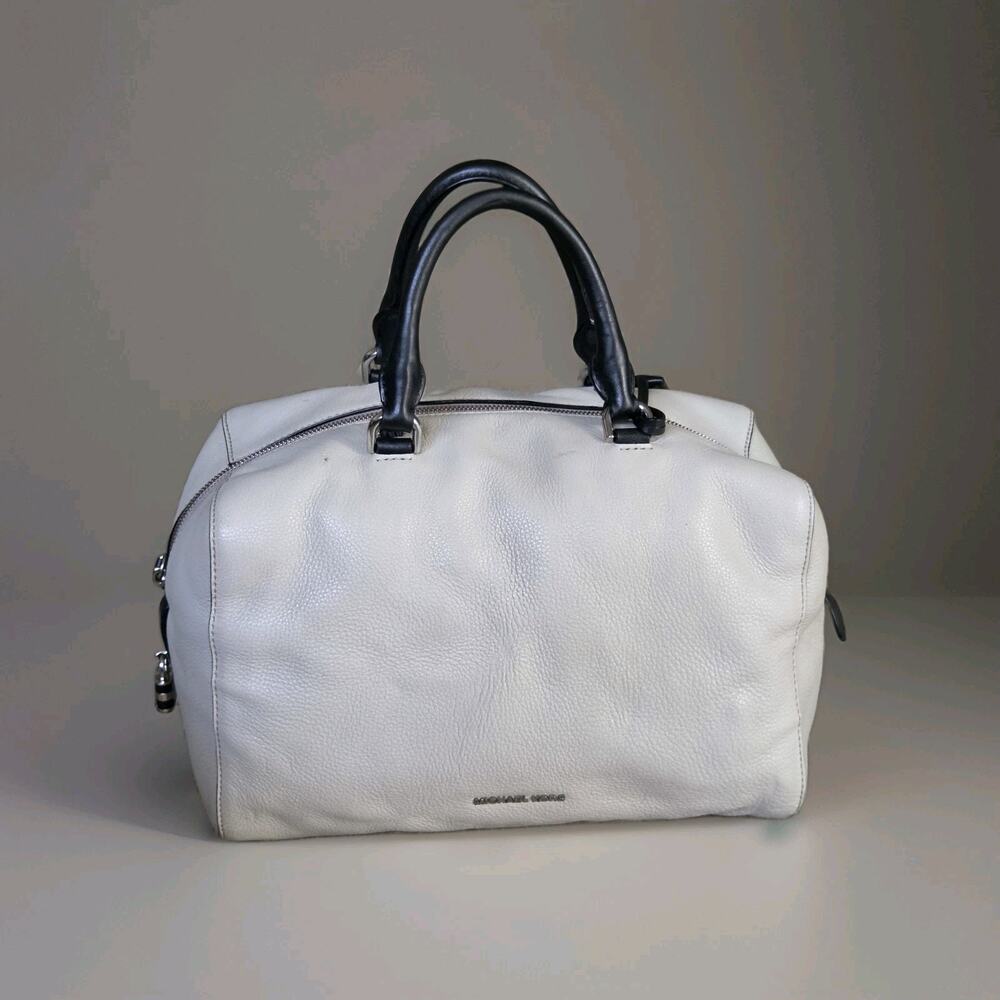 Michael Kors White Leather Satchel Handbag Black Handles No Shoulder Strap